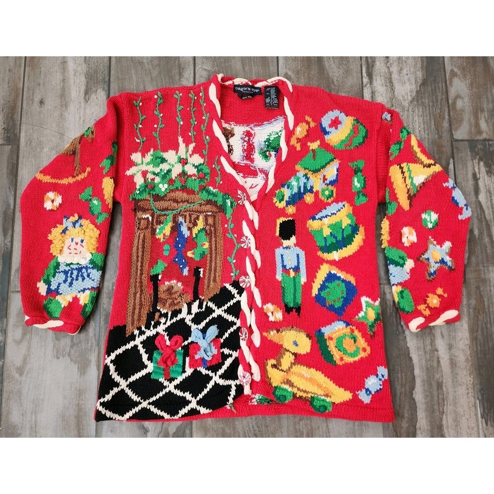 VTG 1994 Eagle's Eye Christmas Sweater  Hand Knit Christmas Three Bears Sz Small